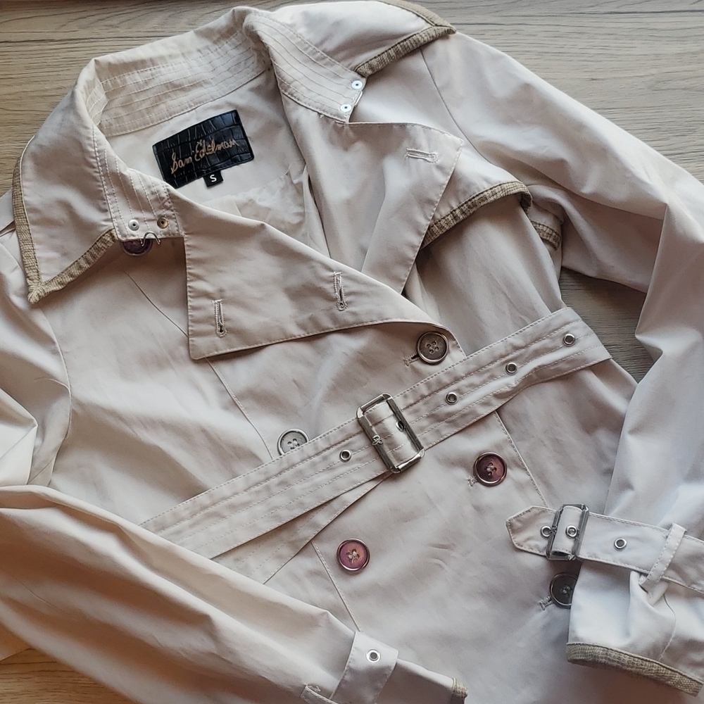Sam Edelman Tan Gigi Trench Coat with Faux Leather Snakeskin Trim S